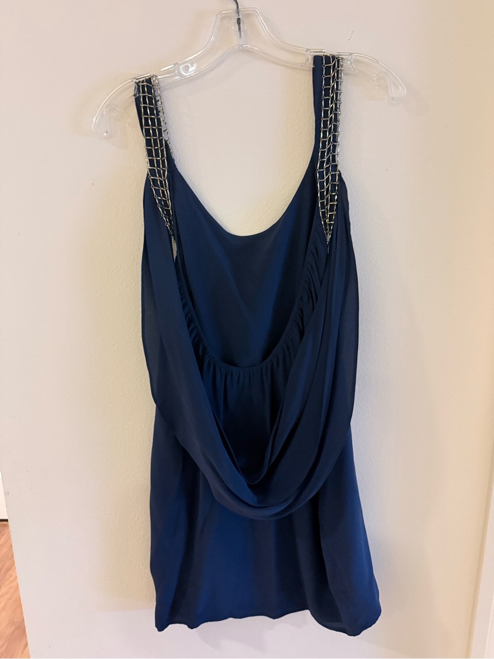 Navy Sleeveless Draped Tank with Chain-Embellished Straps - Ella Luna brand